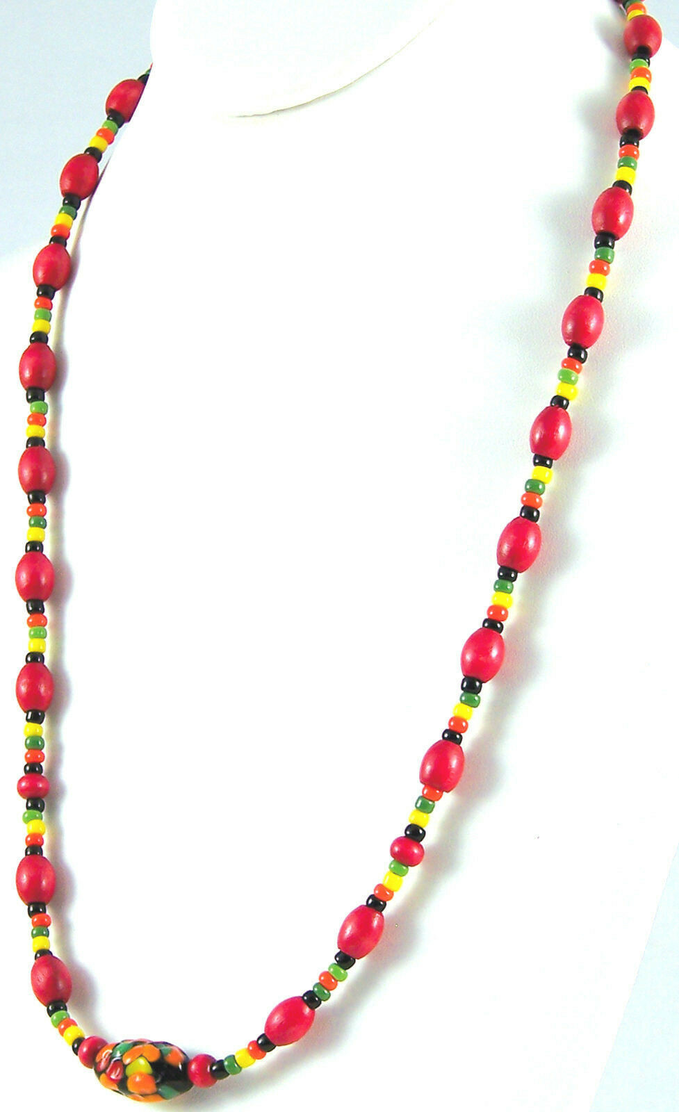 Necklace 24″ Mix Art Glass, Wood, Plastic Bead Red Yellow Black Green Orange