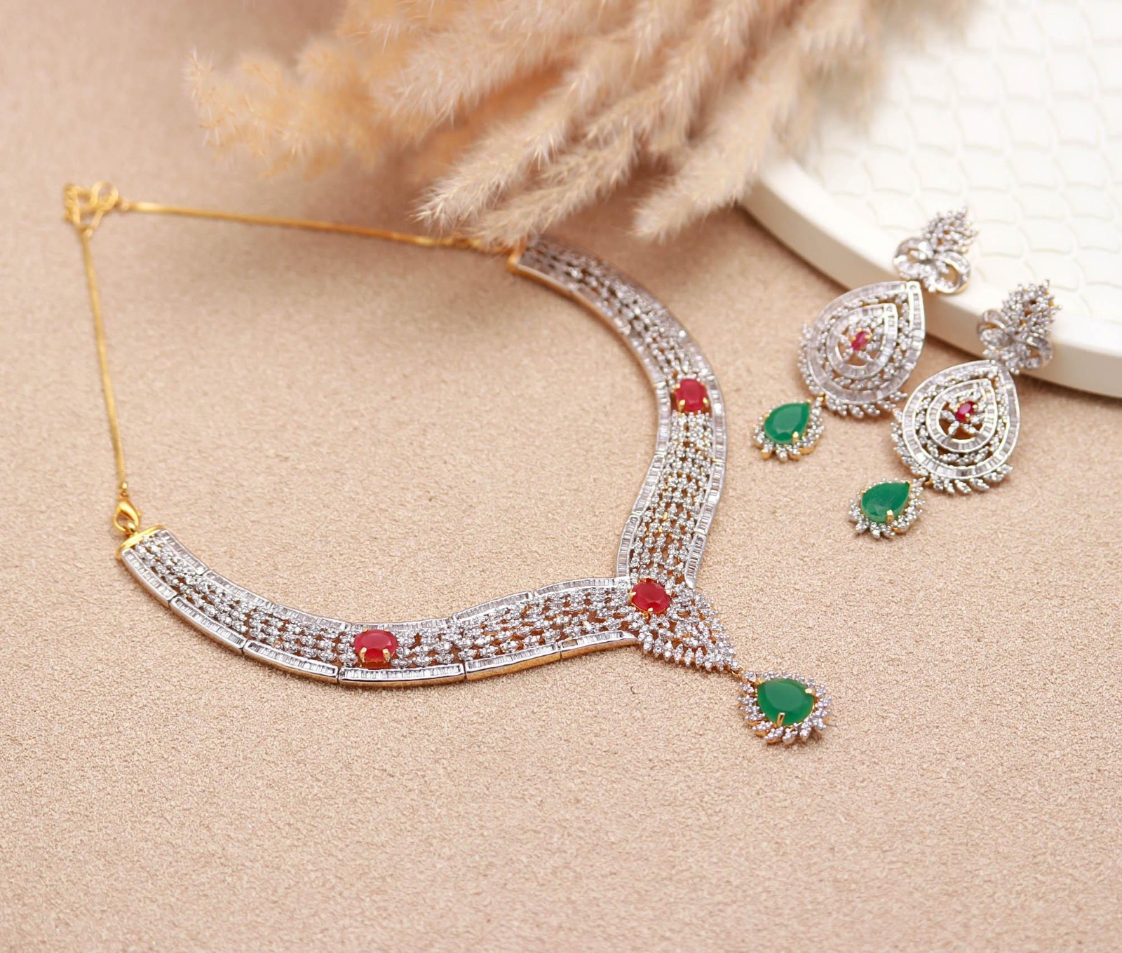 Ruby Emerald White CZ Necklace Earrings Set Gold Plated Bridal Wedding jewelry