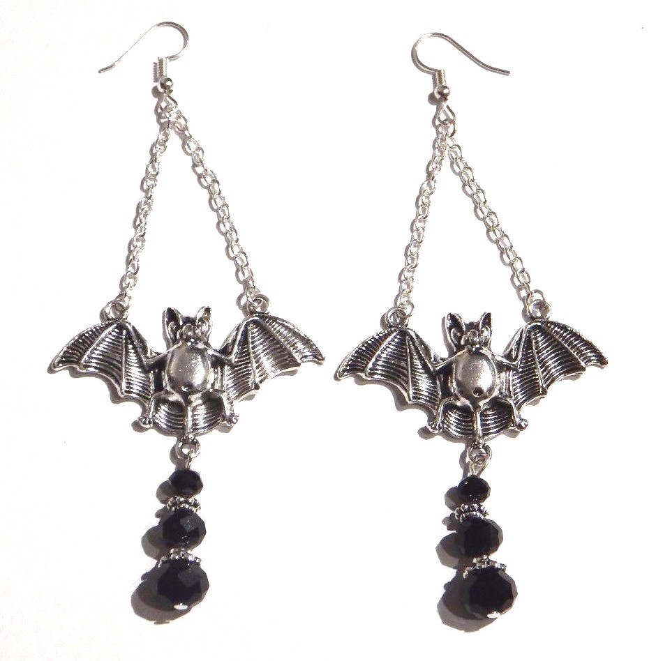 SILVERTONE & BLACK BEADED VAMPIRE BAT EARRINGS pendant halloween gothic R2