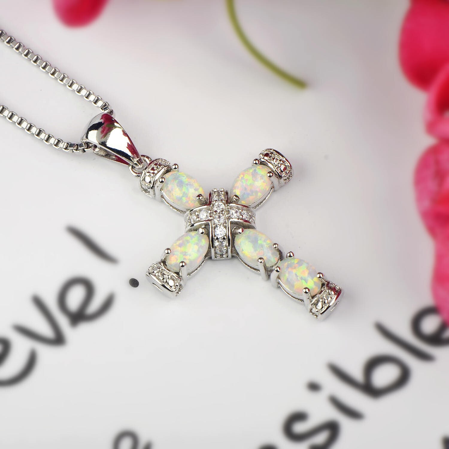 Hawaii White Fire Opal Cross Necklace pendants Silver Filled Women Girls Charm