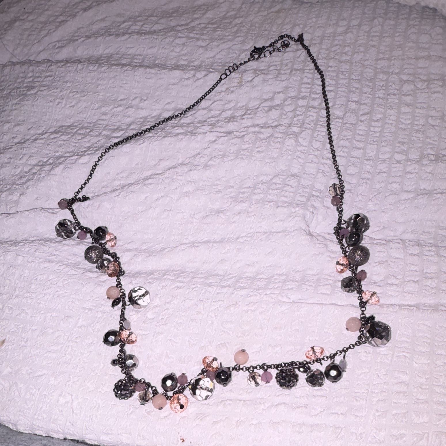 Silver Tone Cable Chain Beaded Charm Necklace with Pink Round Glass, Crystal