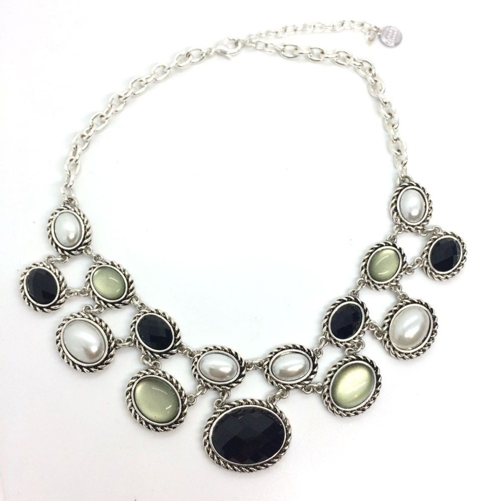 DANA BUCHMAN STATEMENT NECKLACE PEARL CABOCHON BIB COLLAR SILVER TONE REGAL