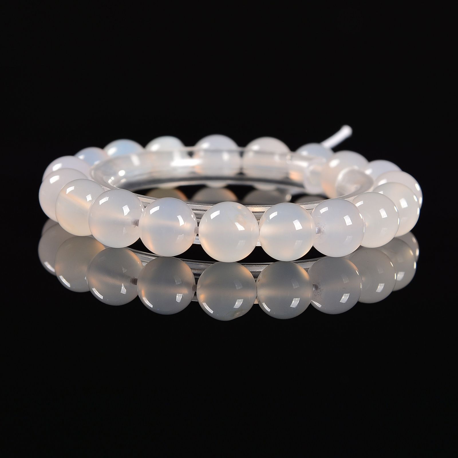 White Agate Smooth Round With Guru Beaded Bracelet Size 8mm 10mm 7.5” Length