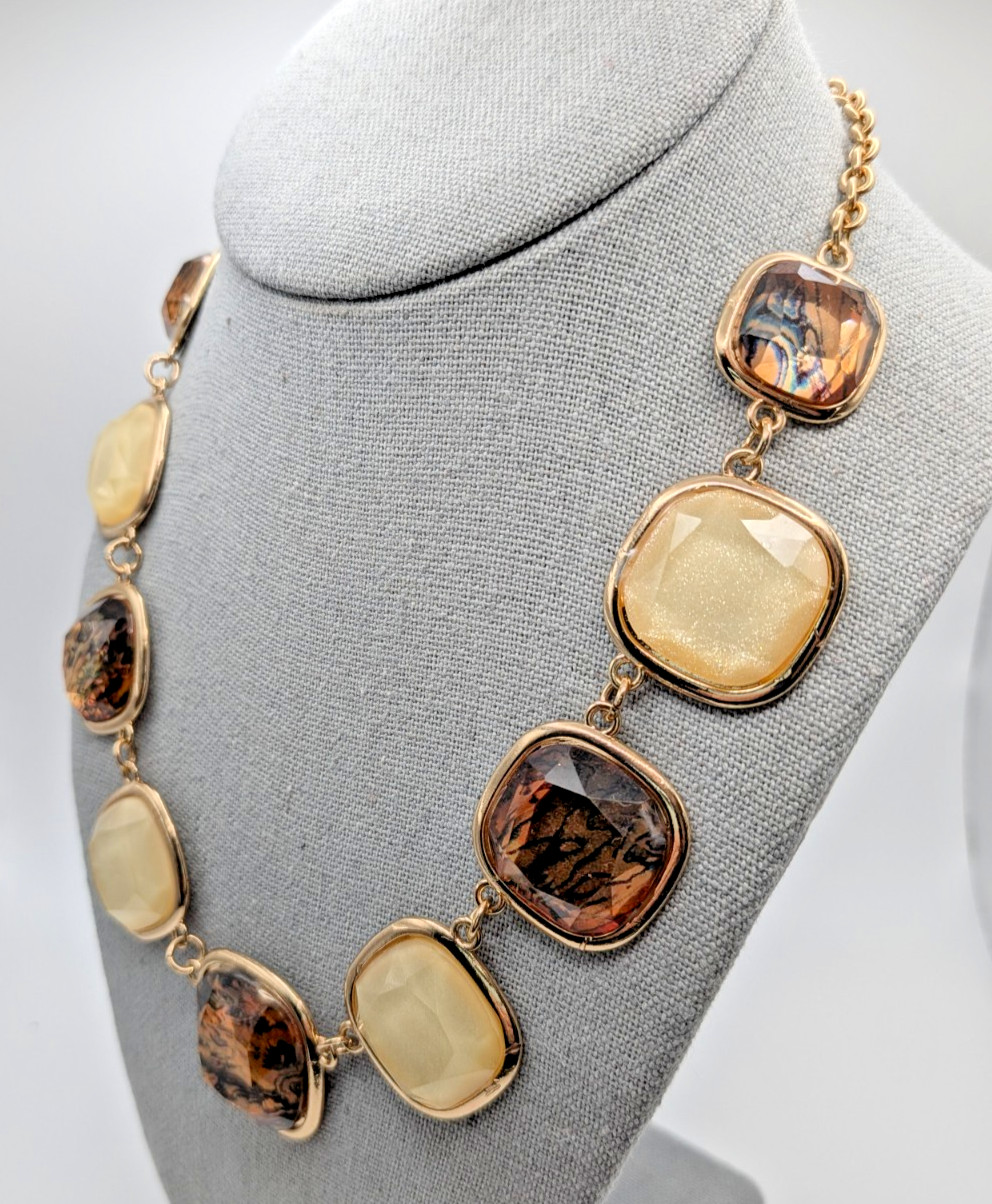 Gold Tone Statement Necklace with Brown & Cream Faceted Square Stones Adjustable