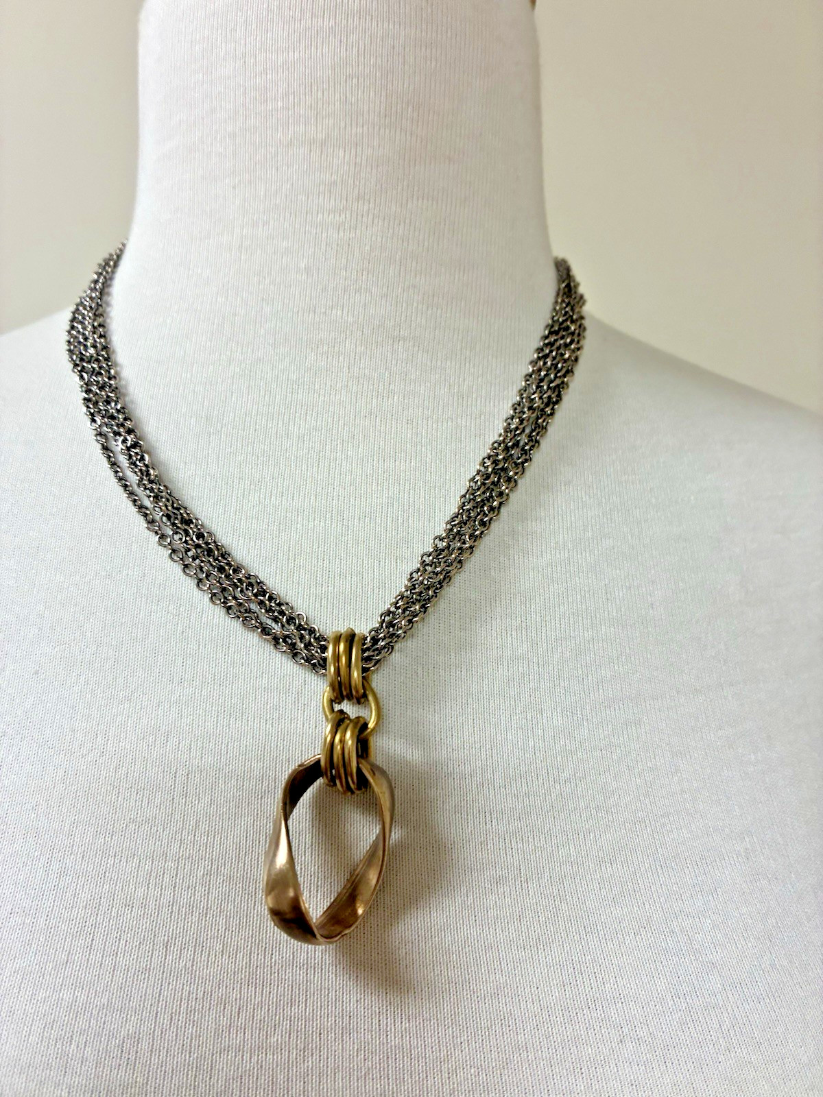Twisted Silver Brand 6 Strand Silver Chain Necklace Sculpted Brass Ring 50 Grams