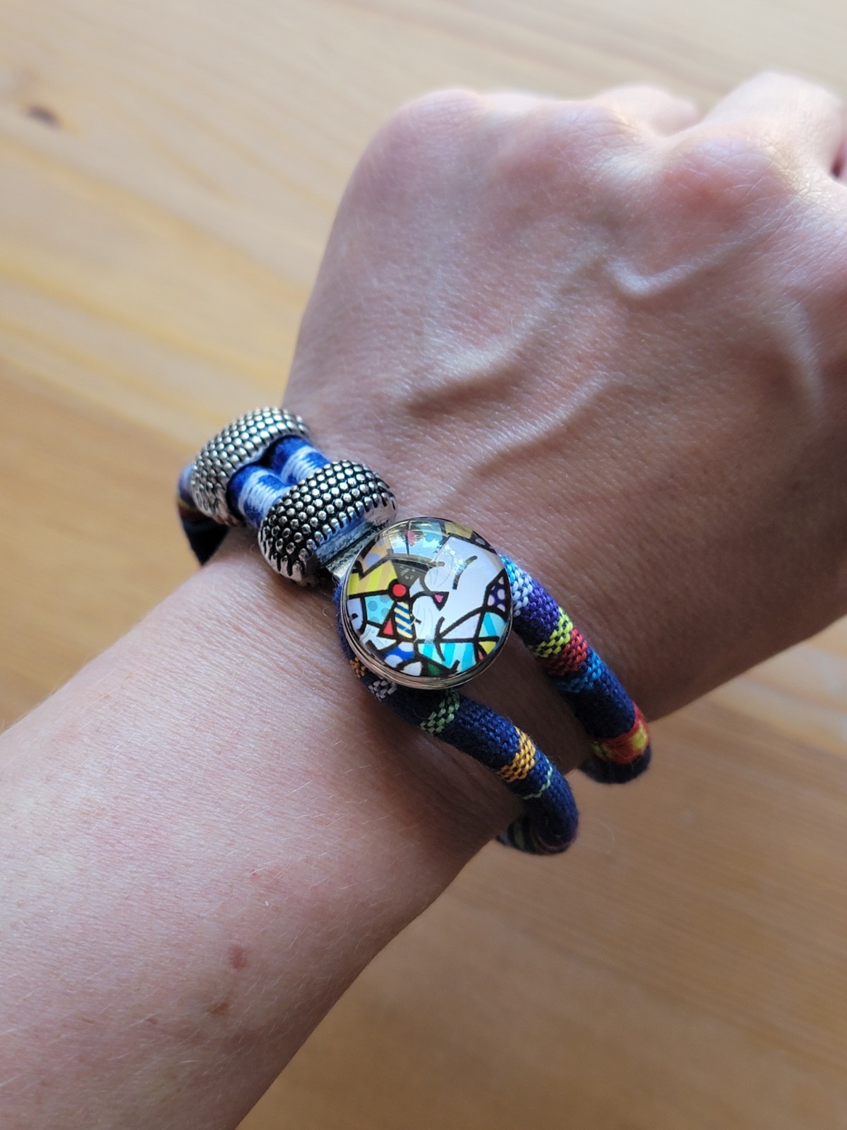 Multi-color Bohemian Striped Fabric Snap Cat Charm Bracelet