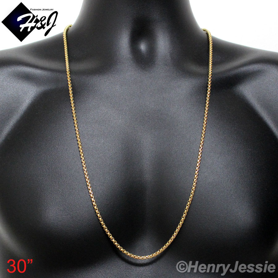 16-30″MEN WOMEN Stainless Steel 2mm Gold Plated Box Link Chain Necklace