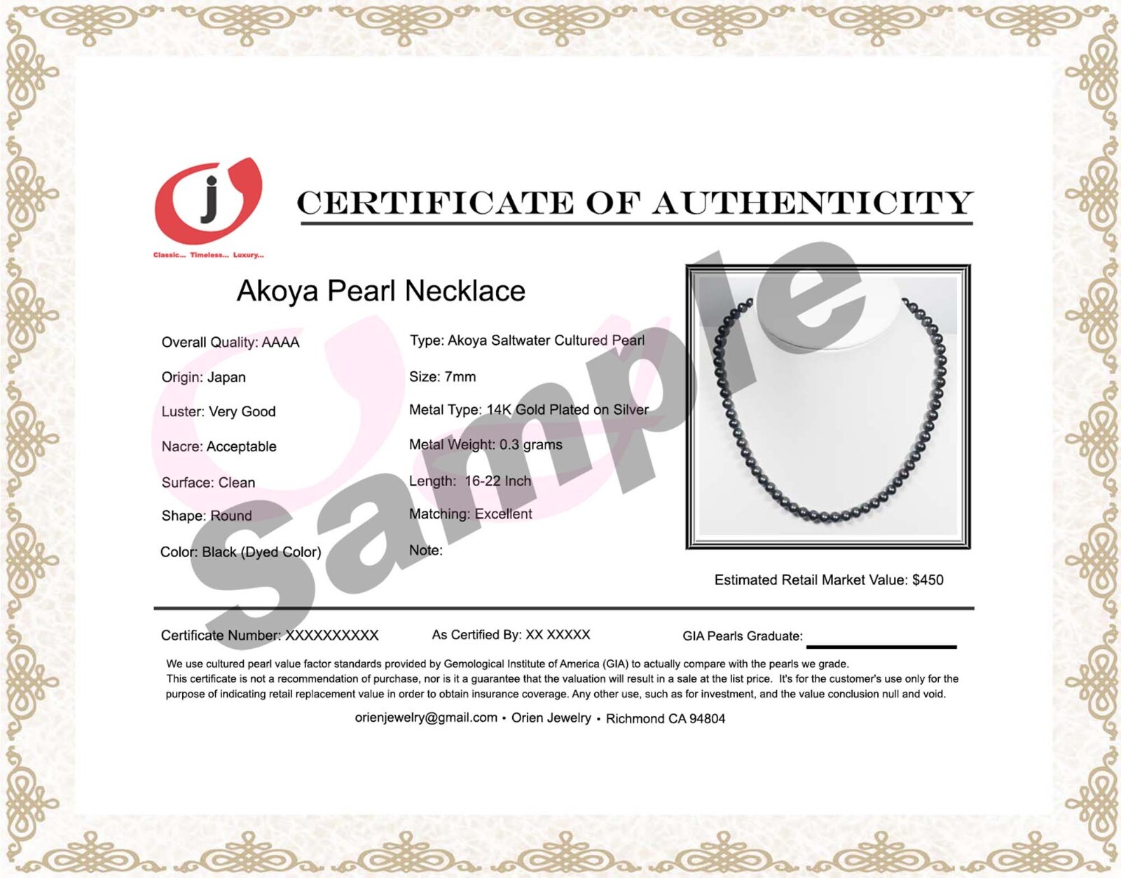 AAAA 16-22 Inch Japanese Akoya Pearl Necklace 7.5mm Black Akoya Pearl Necklace