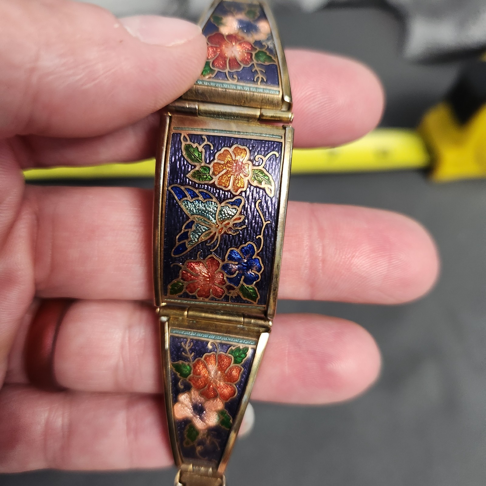 Vintage Chinese Cloisonne Enamel Panel Link Bracelet Butterfly Floral Purple