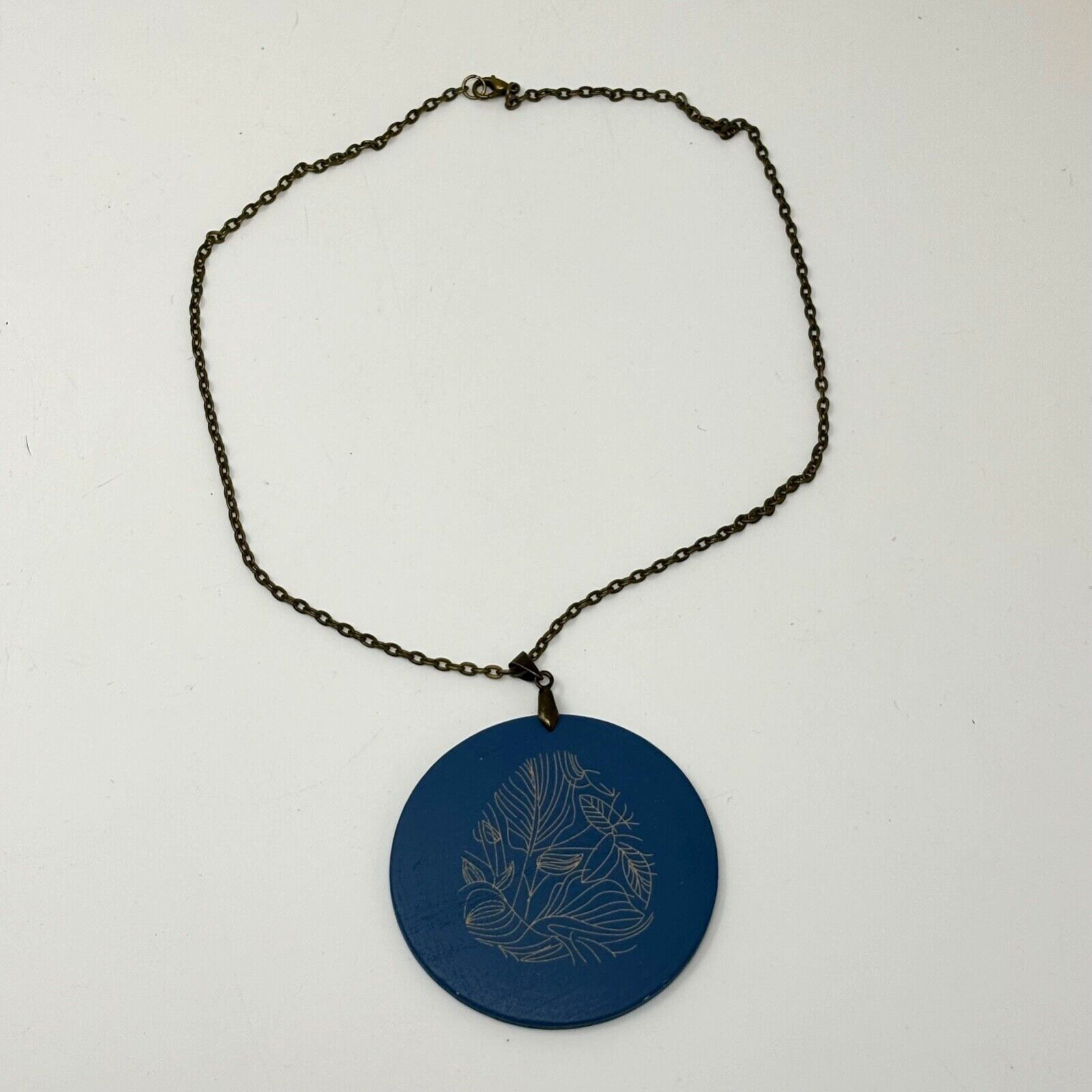 Bronze Tone Chain Necklace with Large Navy Blue Round Wooden Pendant Engraved