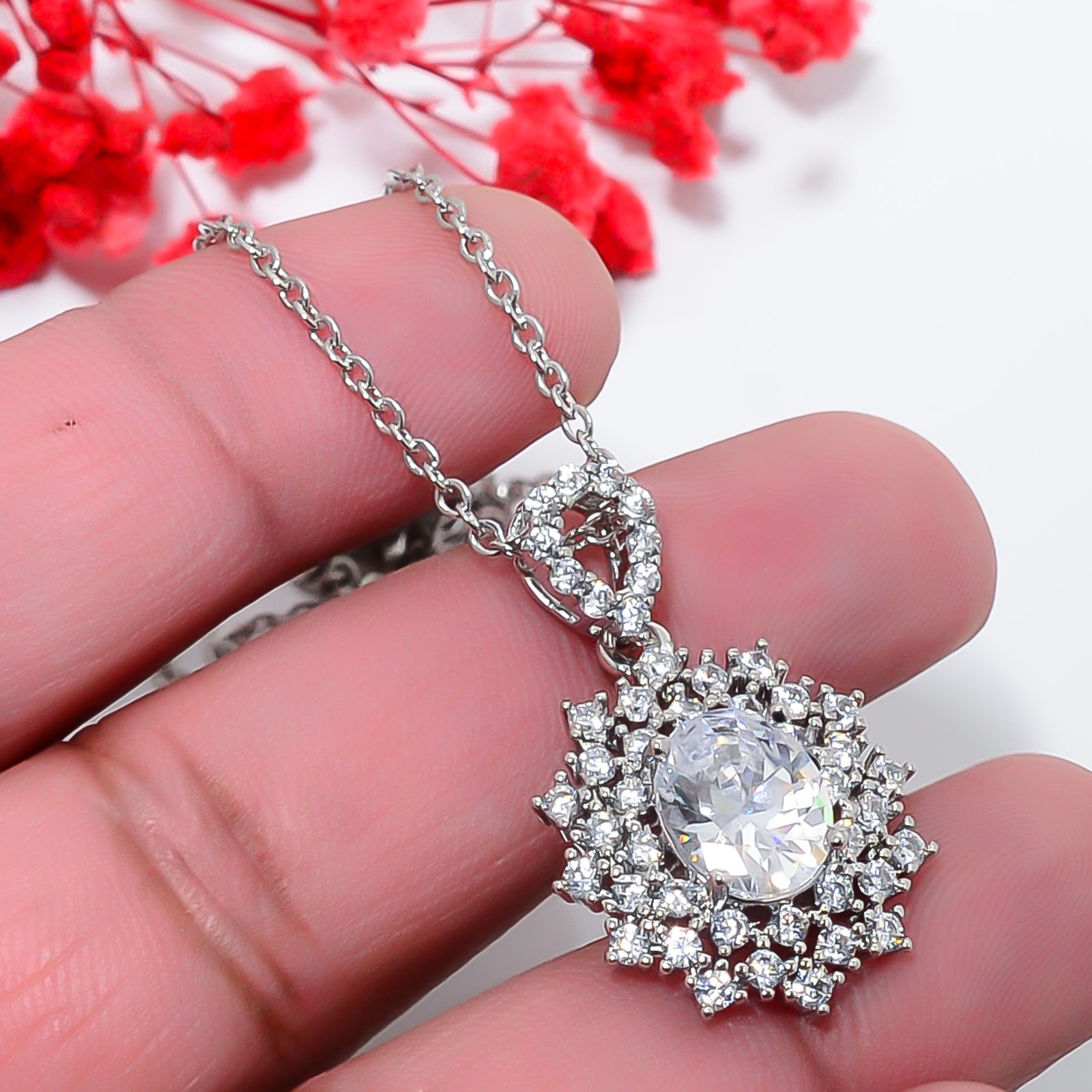 White Topaz & Cz 925 Silver Halo Floral Pendant With Chain 18-20″ CP56621