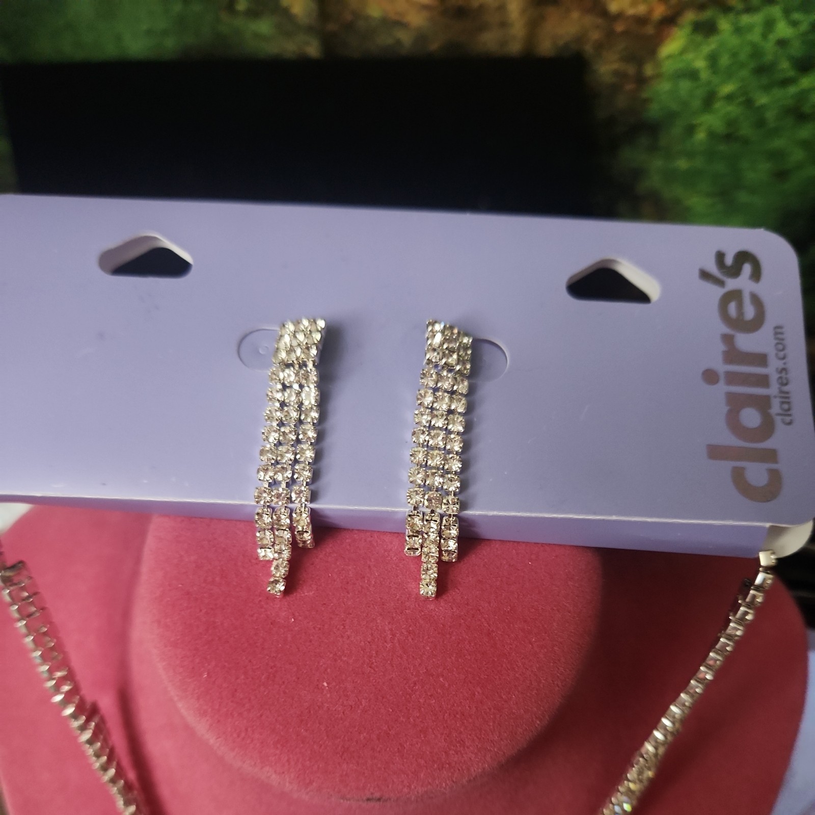 Rhinestone Fringe Necklace Earrings Set Waterfall Statement Glam Jewelry