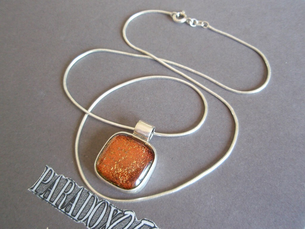 Sterling Silver 925 Brown Gold Dichroic Glass Pendant Snake Chain Necklace FAS