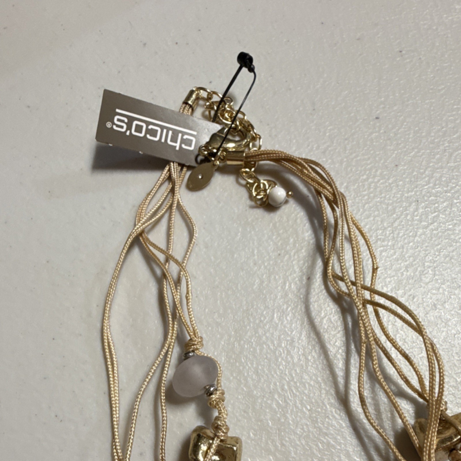 Chico’s Orange Gold White Layered Beaded Necklace Cord Lobster Clasp Fashion