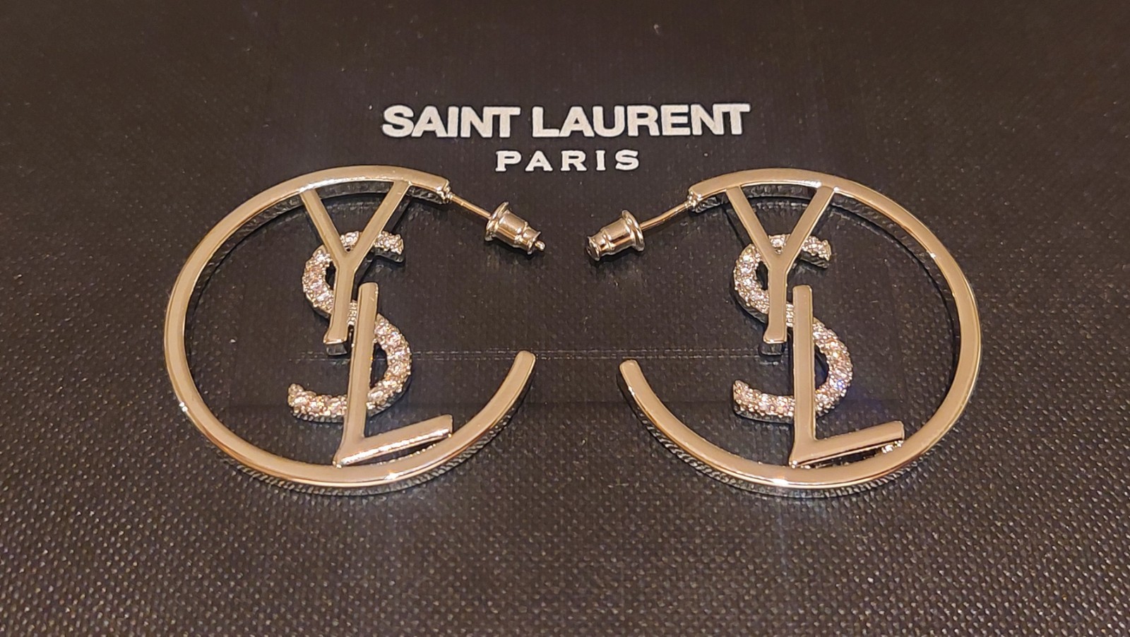 YVES SAINT LAURENT CRYSTAL HOOP EARRINGS – Box & Ribbon Included