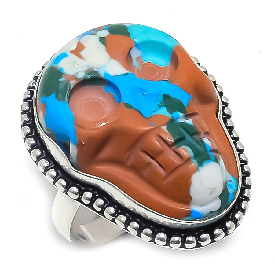 Skull Face – Mosaic Balloon Jasper Gemstone 925 Sterling Silver Ring Size 8 H909