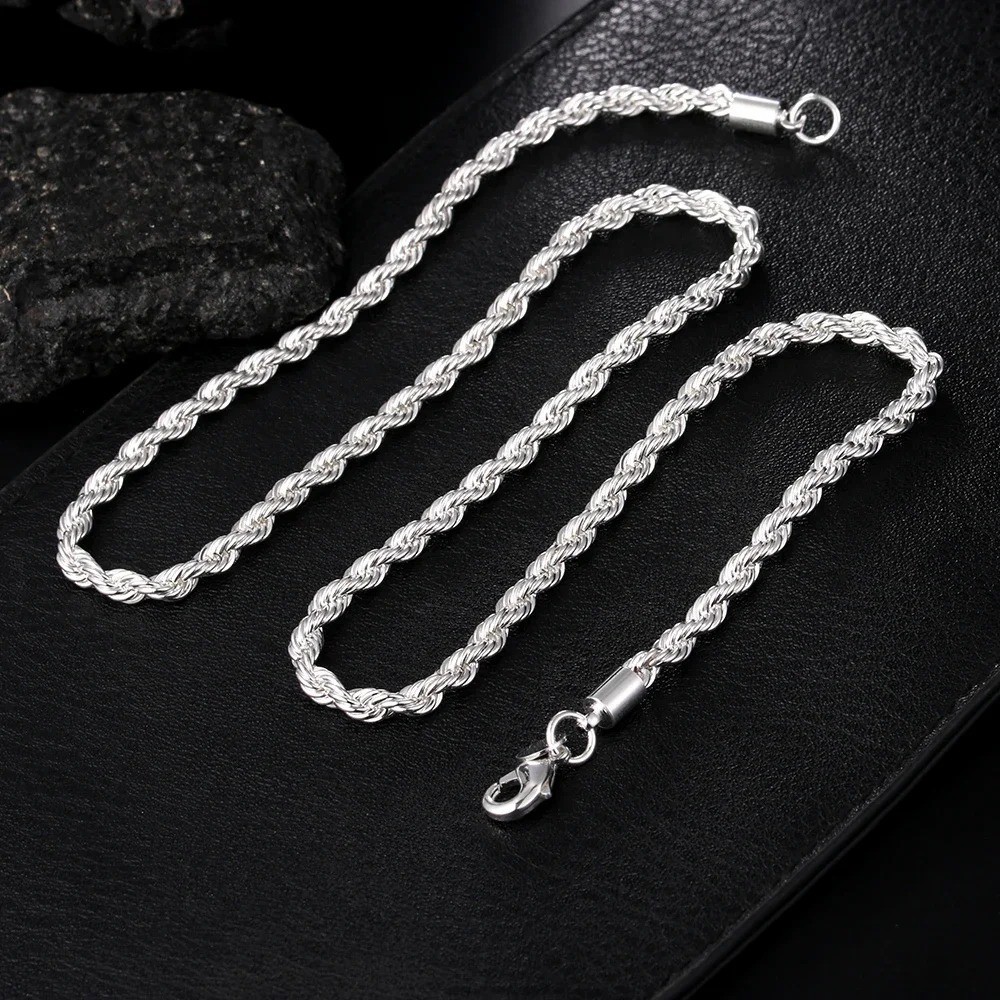 4MM Rope Chain Necklace 925 Sterling Silver Fashion Jewelry for Women Men Gift