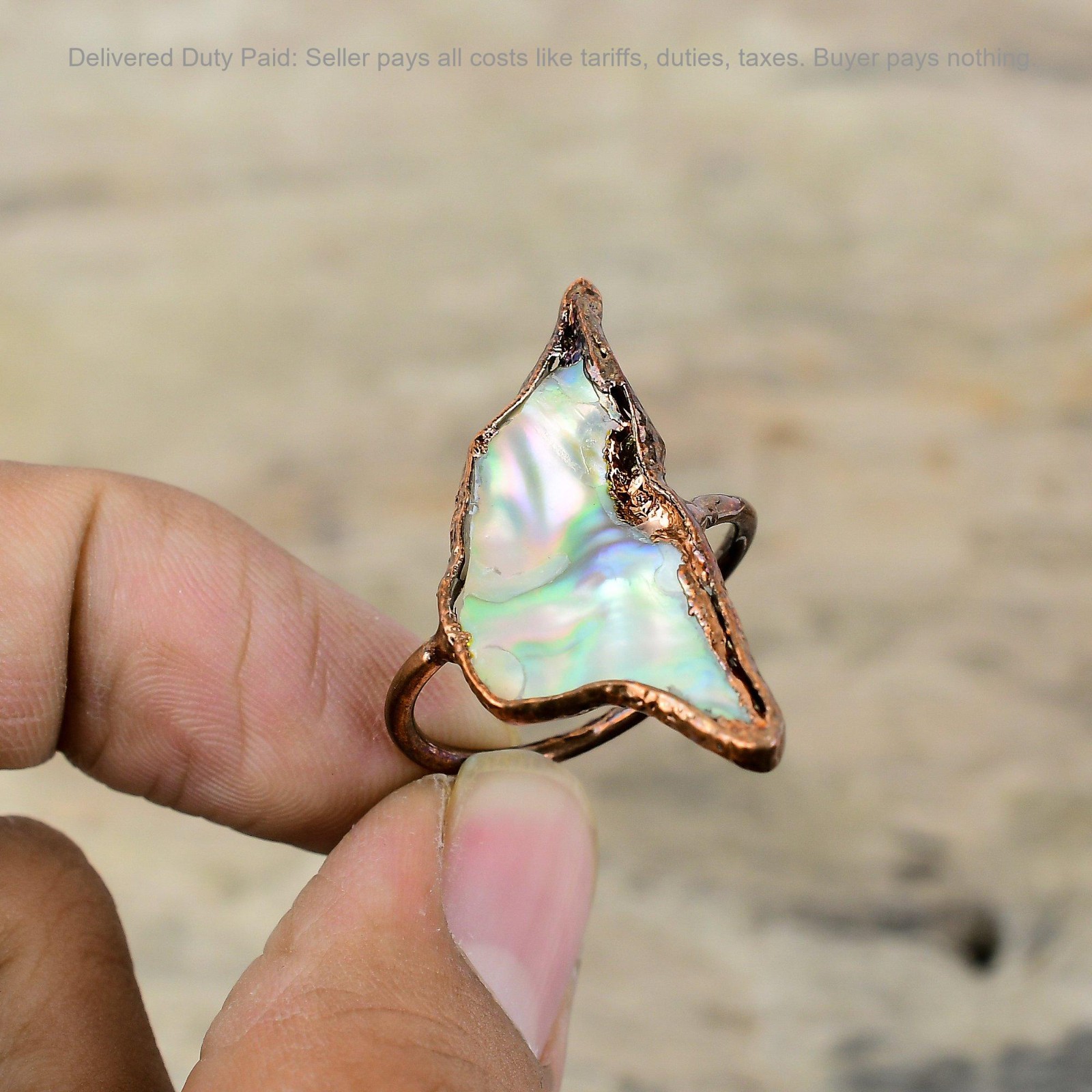 Abalone Shell Gemstone Copper New Stackable Electroformed Art Deco Ring Jewelry