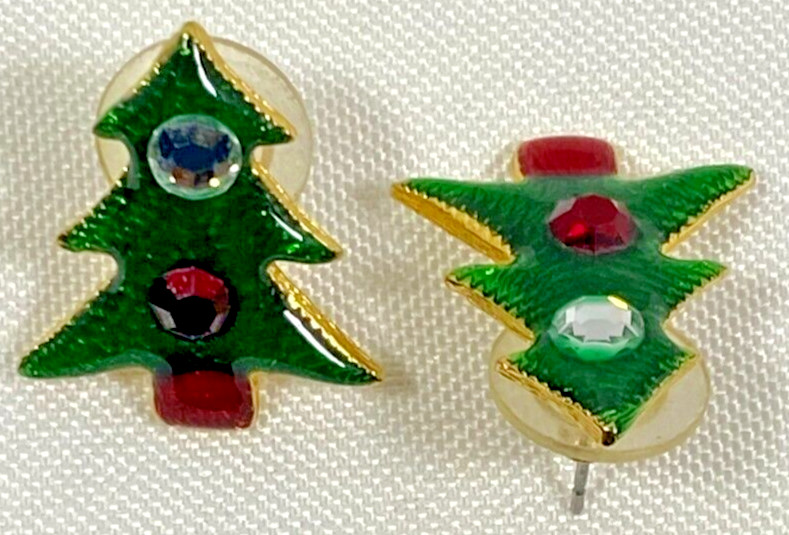 Green and Red Christmas Tree Stud Earrings with Red and Clear Stones Gold Tone