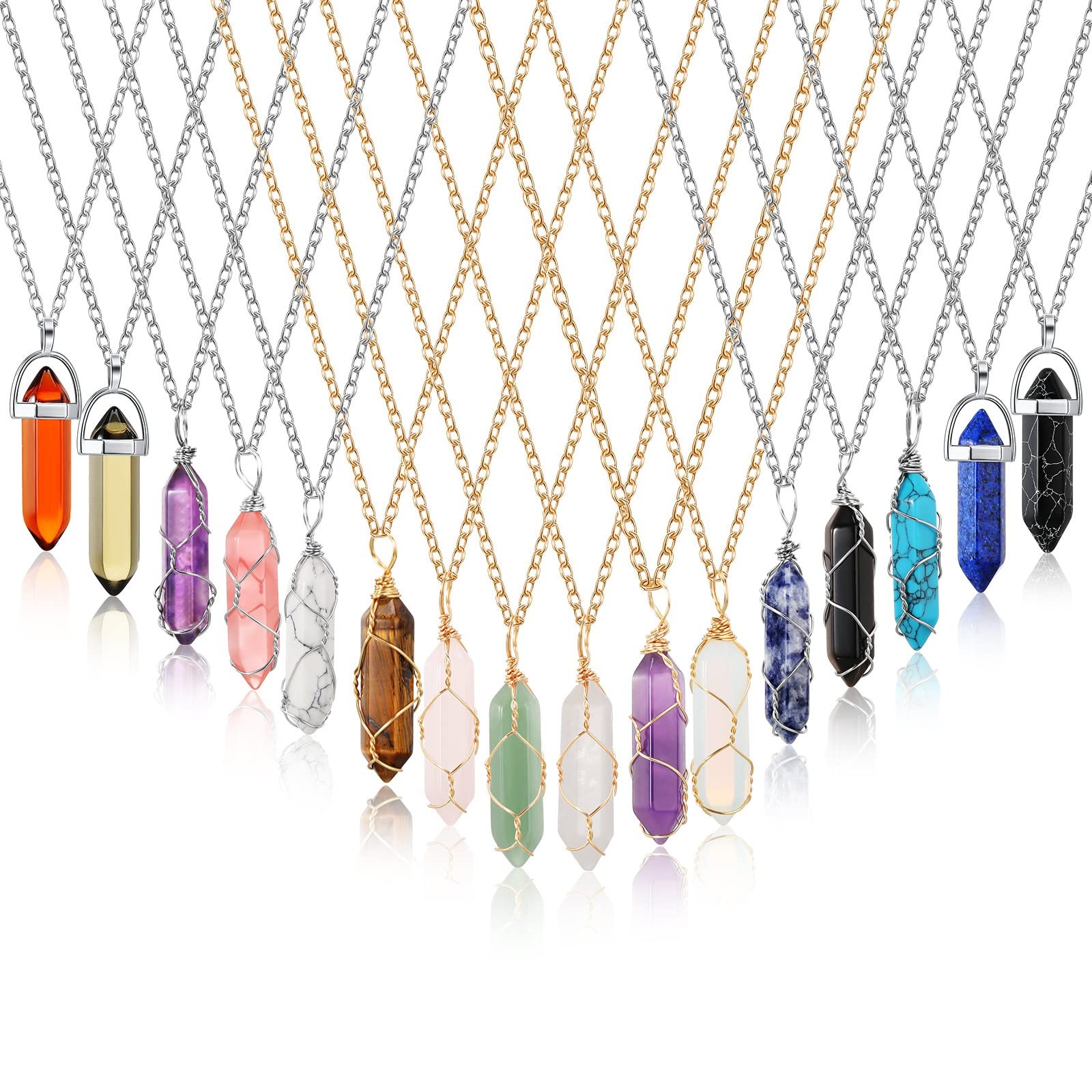 16 Pcs Hexagonal Crystal Pendant Necklace Full Wire Wrap Gemstone Necklace