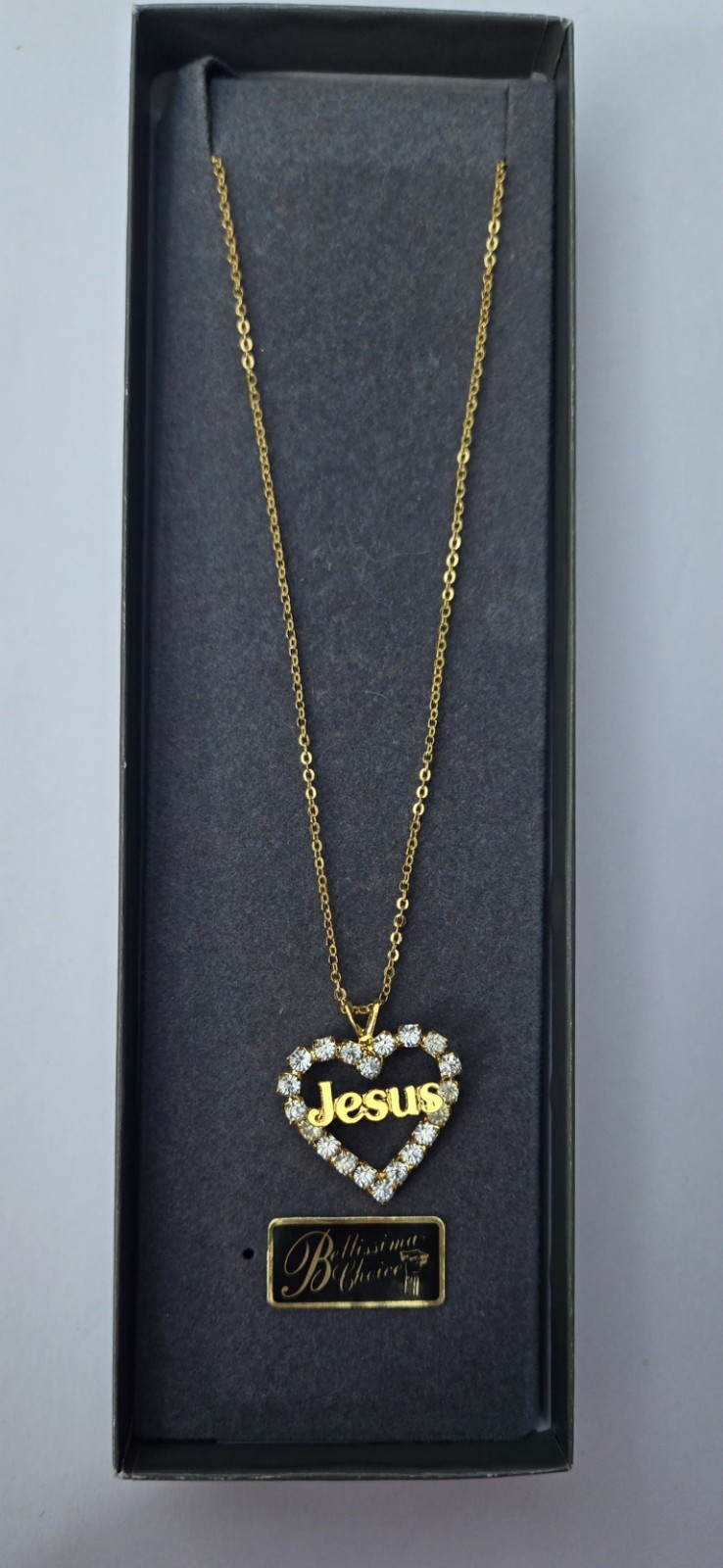 Gold Tone Necklace Clear Stone Jesus Religious Heart Pendant
