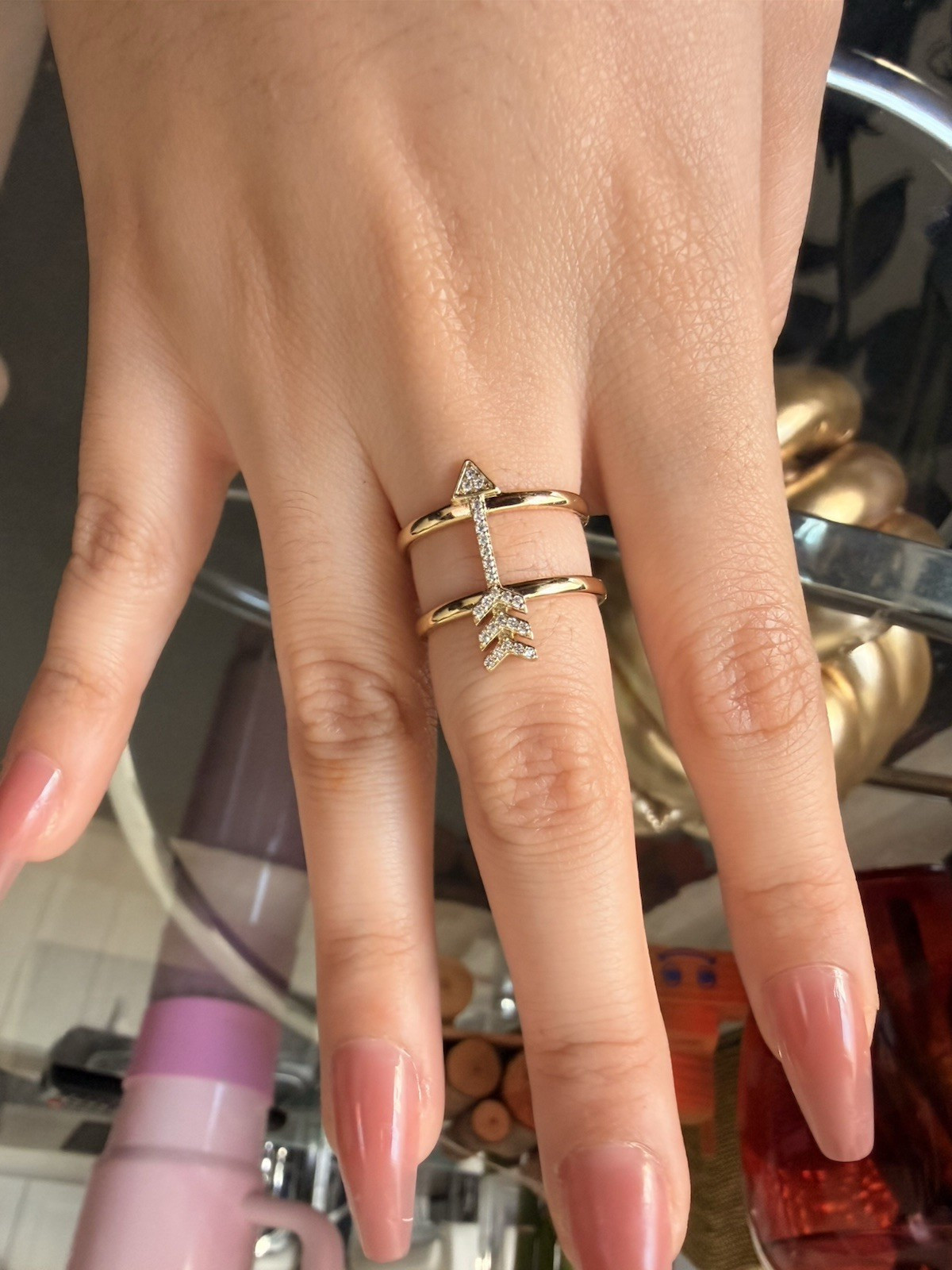 Gold Tone Arrow Stackable Band Ring Clear Round Crystal Prong Set Size 8