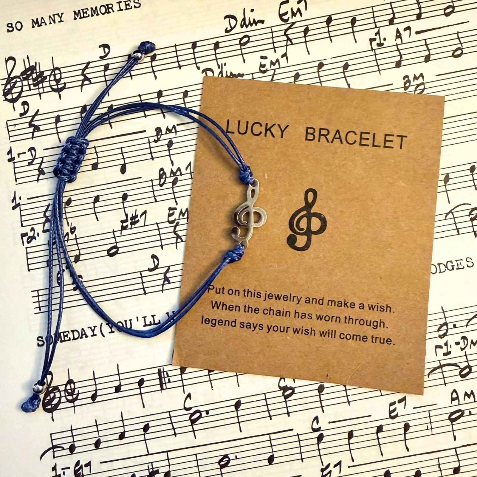 Music Wish Bracelet Stainless Steel Treble Clef Blue Woven Cord