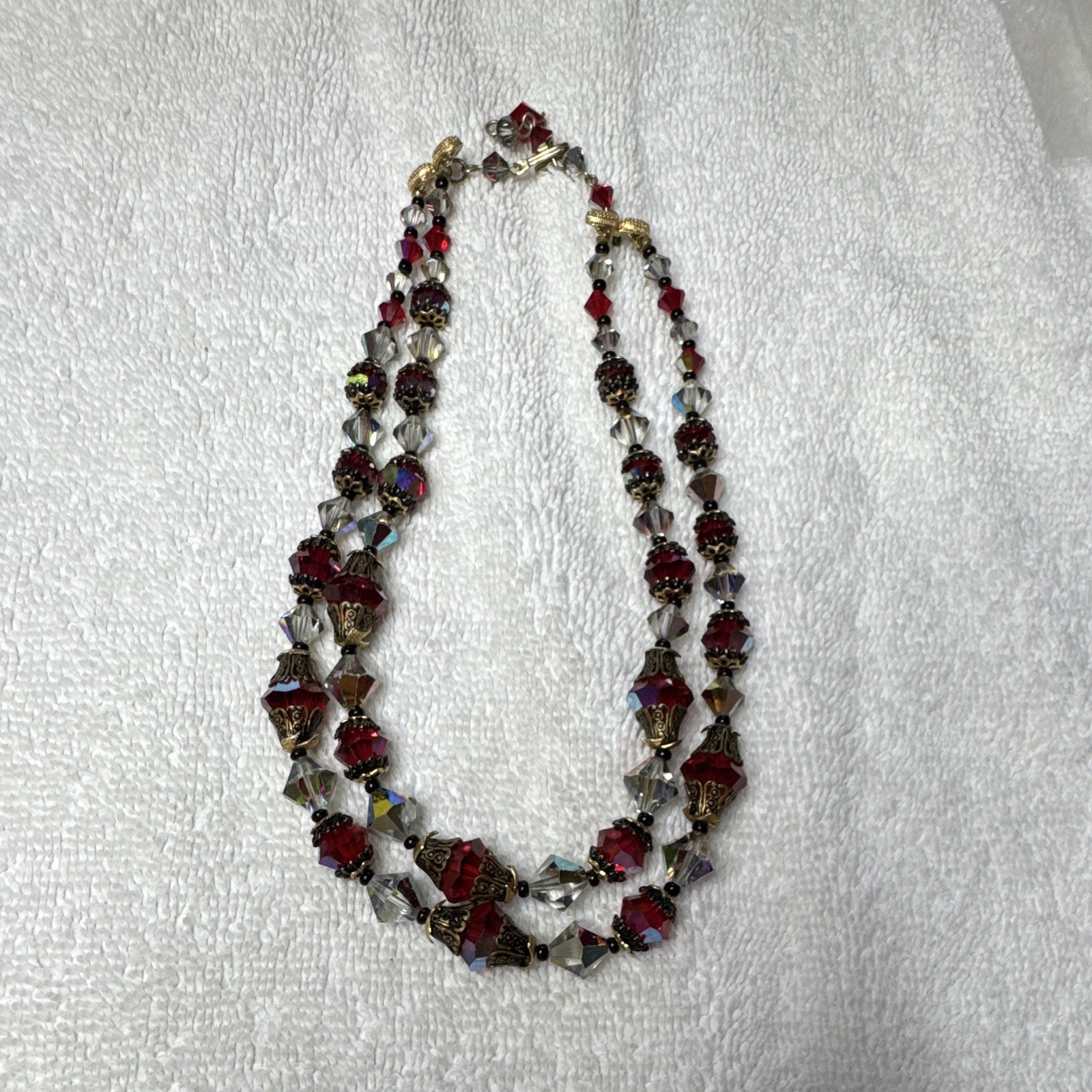 Layered Double Strand Red & Clear Austrian Crystal Bead Necklace Gold Tone