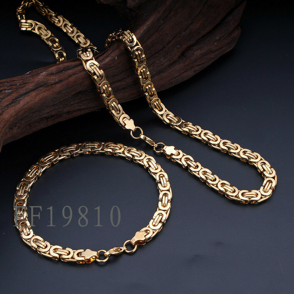 6MM 18K Gold Byzantine Flat Chain Necklace&Bracelet Stainless Steel Jewelry Set