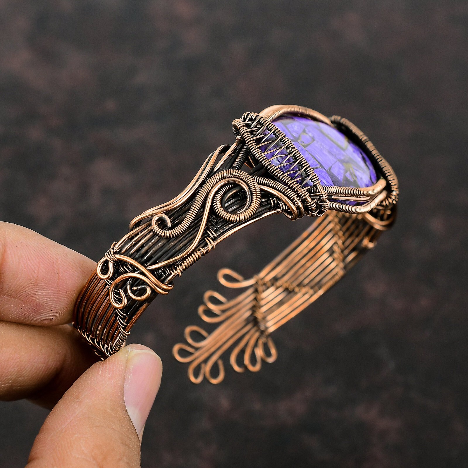 Gift For Her Russian Charoite Wire Wrapped Adjustable Cuff Copper Jewelry