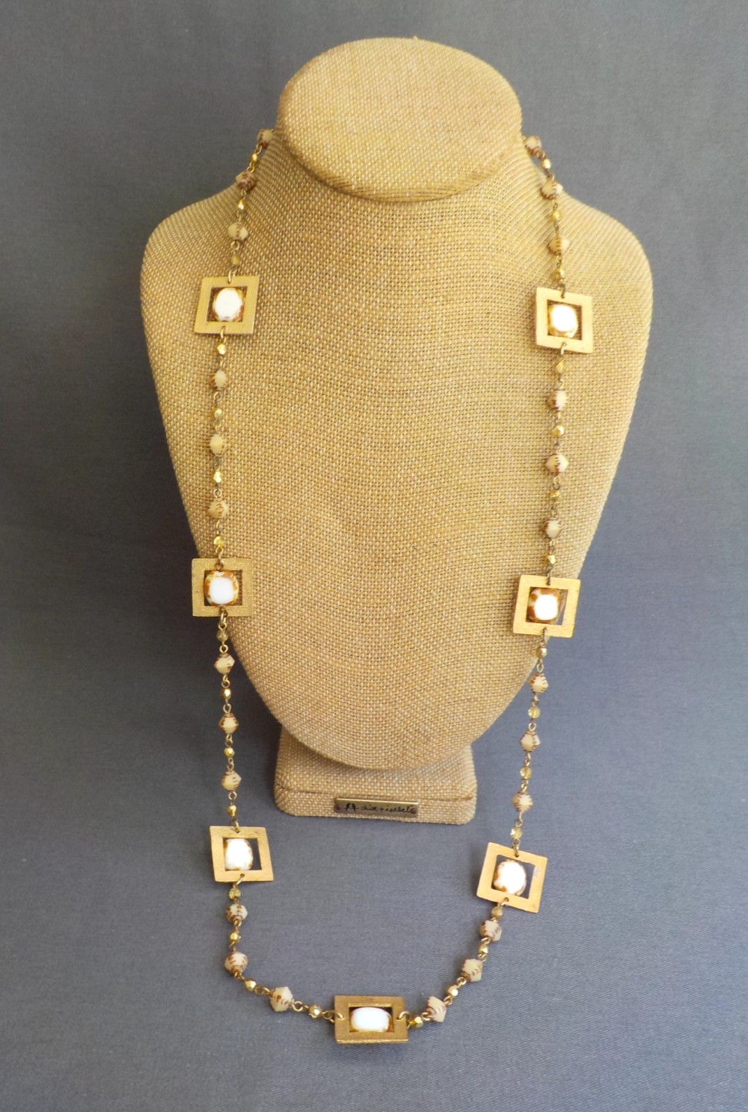 Seasonal Whispers Square Necklace Gold Tone Metal Glass Plastic Bead Linked