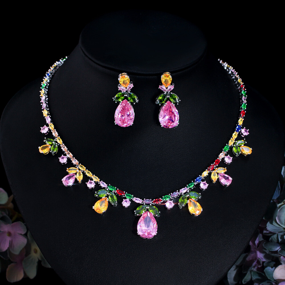 Chic Multicolor Drop Leaf Wedding Necklace Earrings Silver Plated CZ Jewelry Set