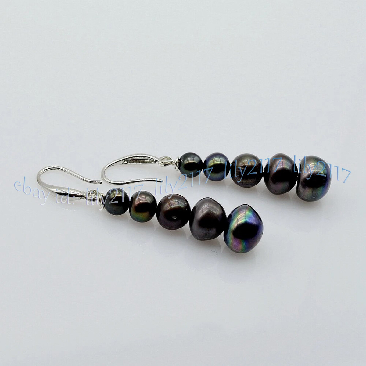 6-11mm Real Natural Black Freshwater Baroque Pearl Dangle Silver Hook Earrings