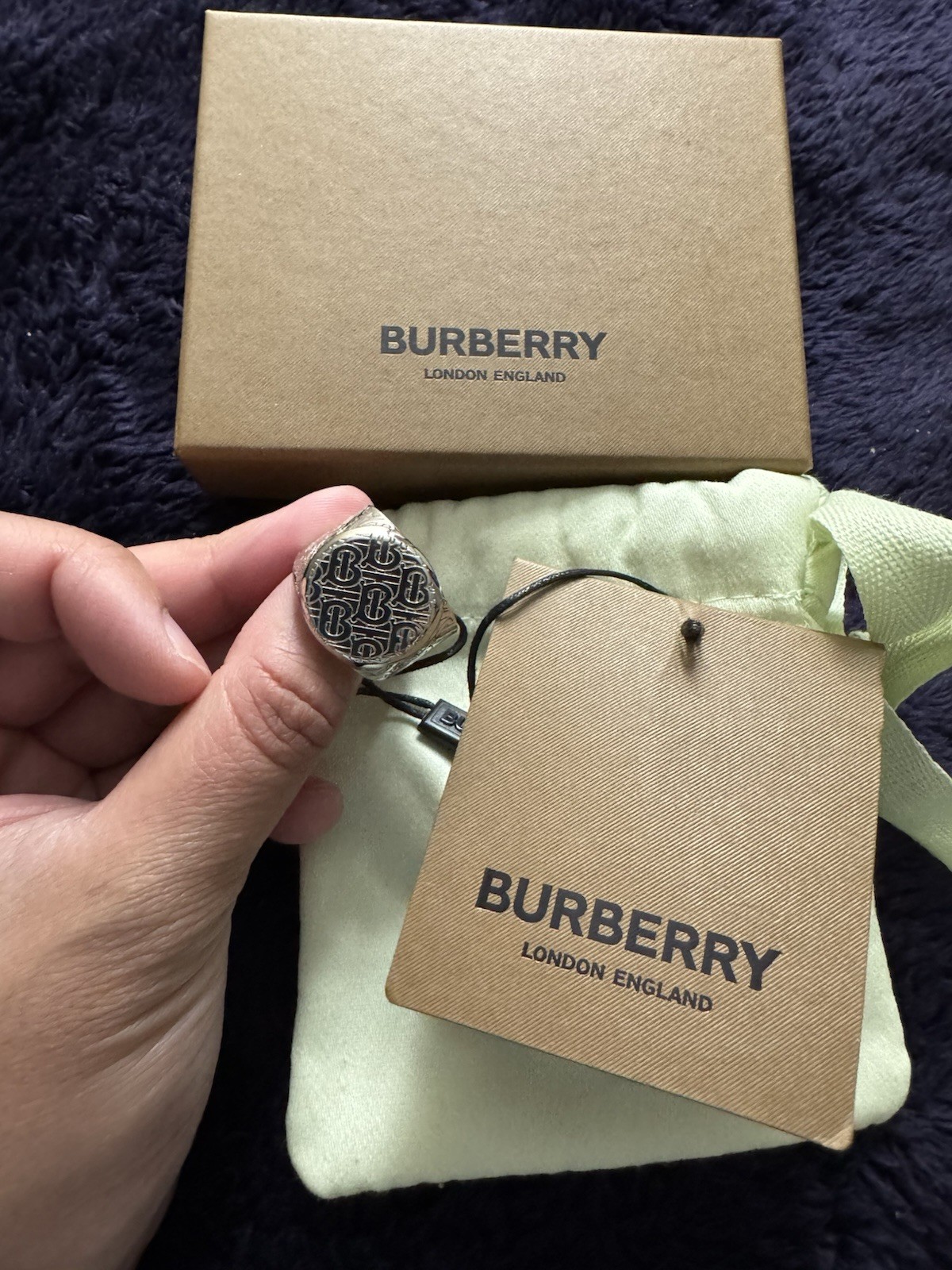 Burberry – Monogrammed Palladium-Plated Signet Ring – Silver Size 58