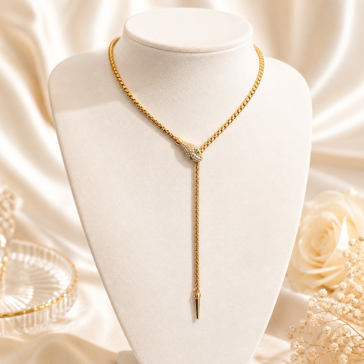 Snake Lariat Necklace Green Crystal Adjustable Waterproof Gold Tone