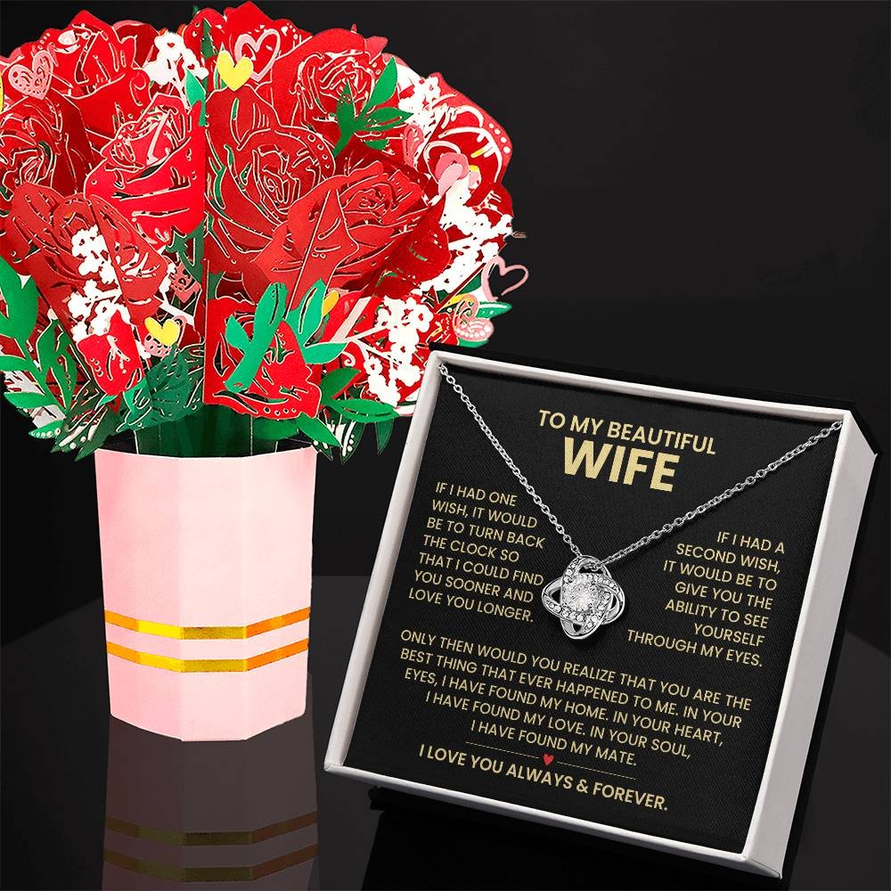 To My Wife Knot Necklace & Flower Bouquet Gift Set, Anniversary Valentines Gift