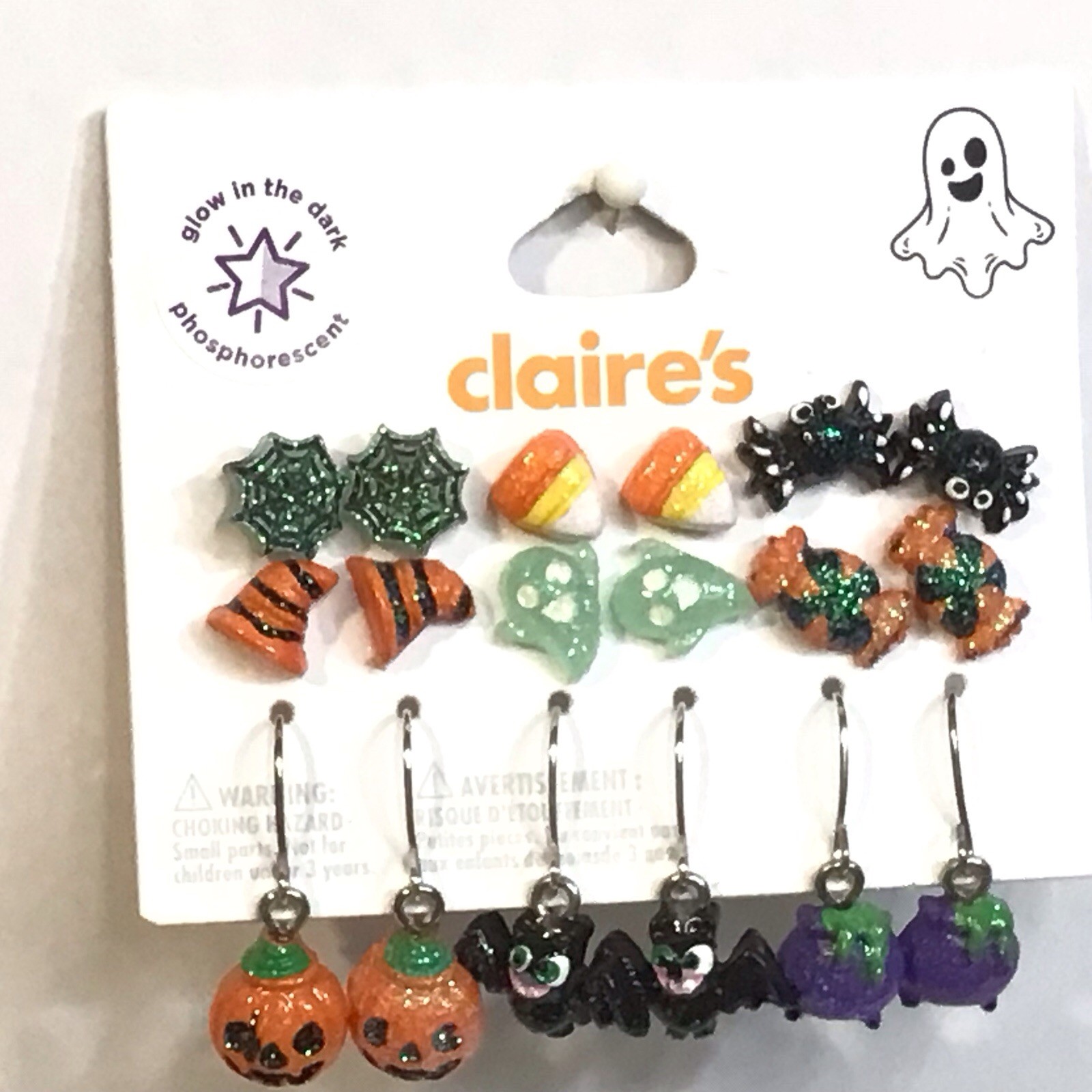 9 Pairs CLAIRE’S W/ Spider Bat Candy Ghost Pumpkin Dangle & Stud Earrings NEW