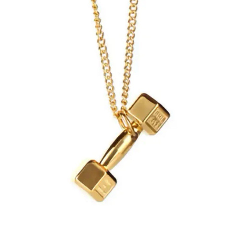 Cool Punk Hip Hop Fitness Gym Weightlifters Punk Dumbbell Necklace-Gold Color