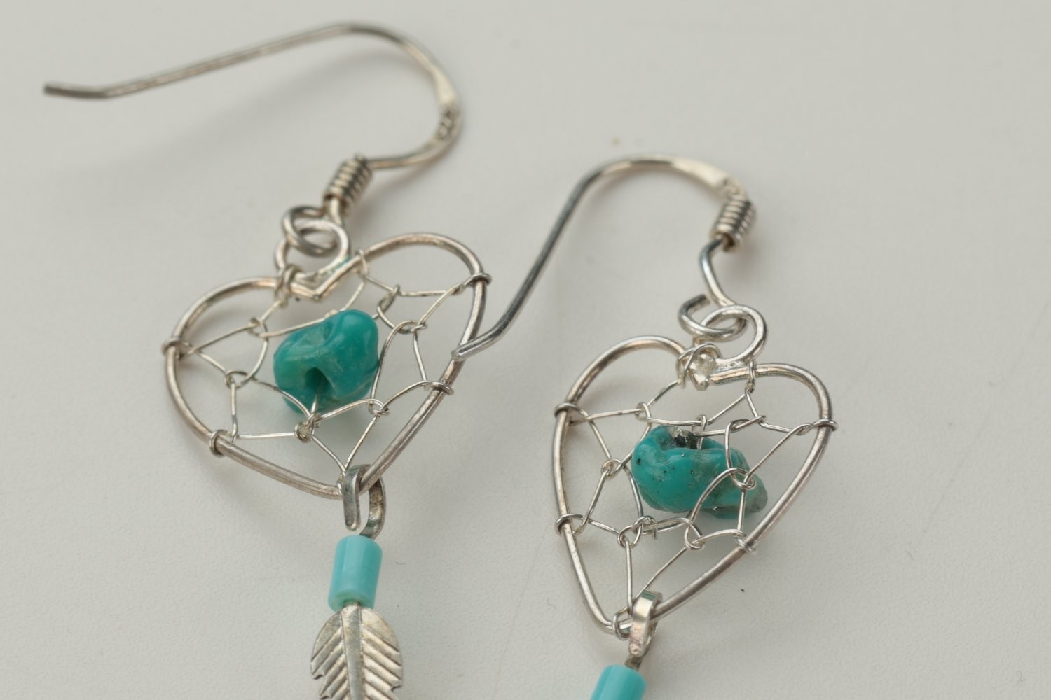Earrings Small Silver Sterling Dangling Feather Charms Turquoise Dreamcatcher