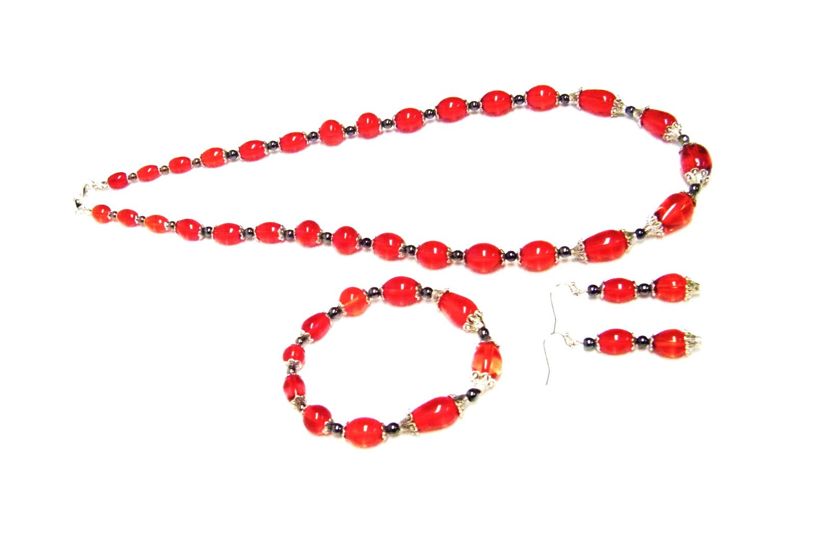 Multi Shapes/Sizes Red Transparent Glass w/Silver Bead Caps Necklac/Brace/Earrin