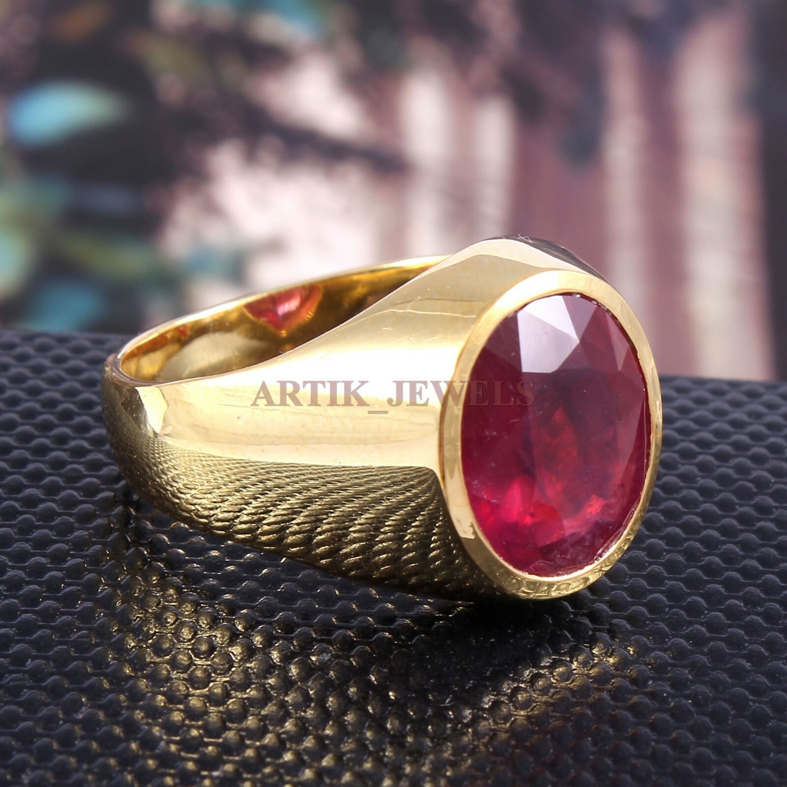 Heated Ruby Gemstone with 14K Gold Plated Silver Ring for Men’s #AJ