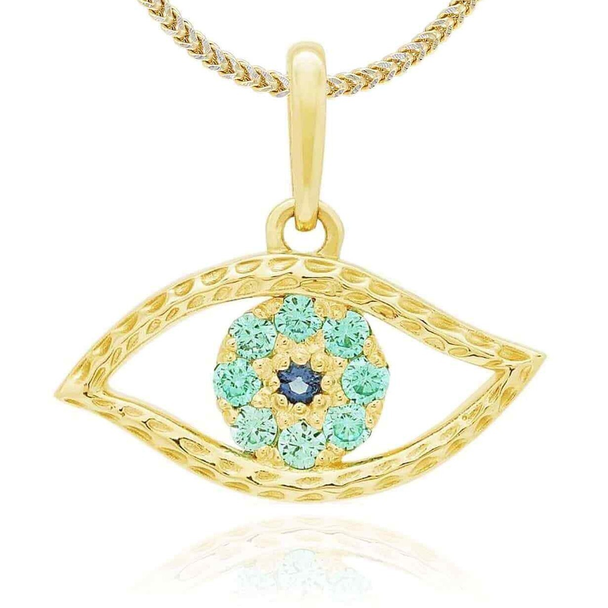14k Yellow Gold Aquamarine & Sapphire Evil Eye Pendant 0.5″