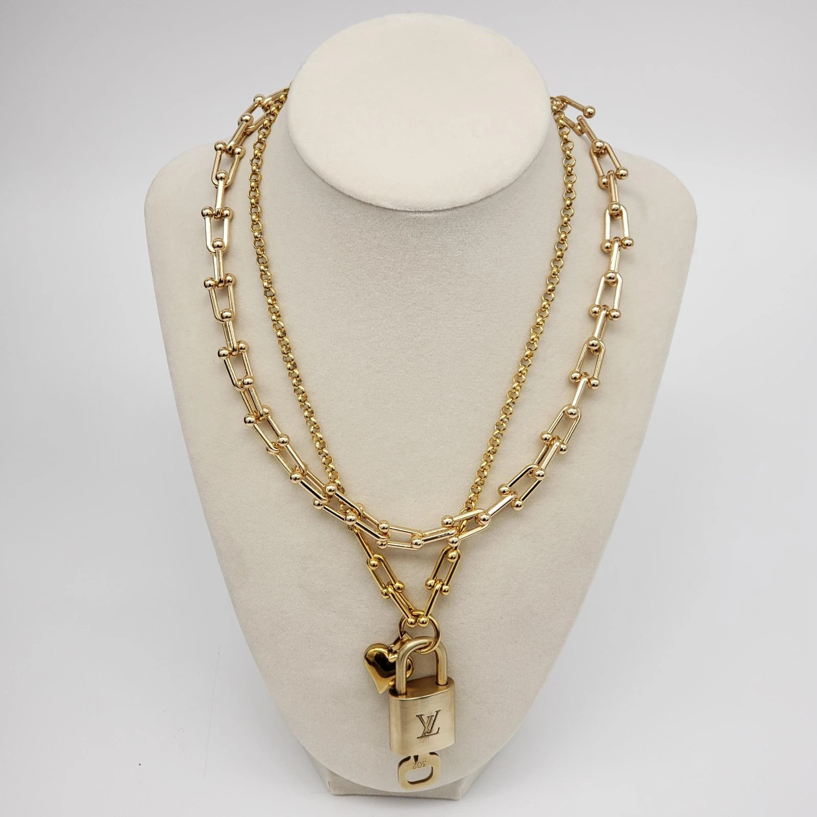 Authentic Louis Vuitton Gold Padlock w/ Unbranded Fashion Stainless Steel Chain