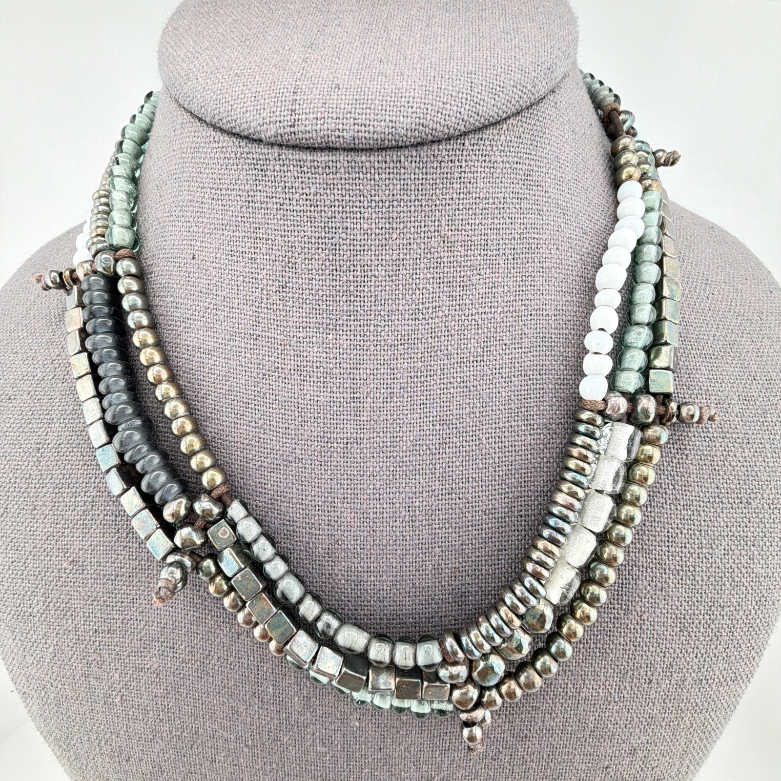 Uno de 50 Multi-Strand Beaded Choker Necklace Silver Tone Mixed Media 18″