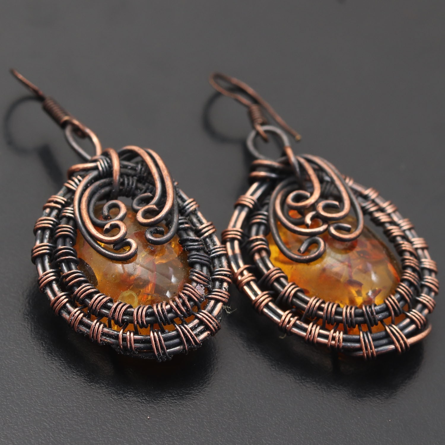 Amber Jasper Gemstone Copper Wire Wrapped Handmade Earring Jewelry Gift For Love