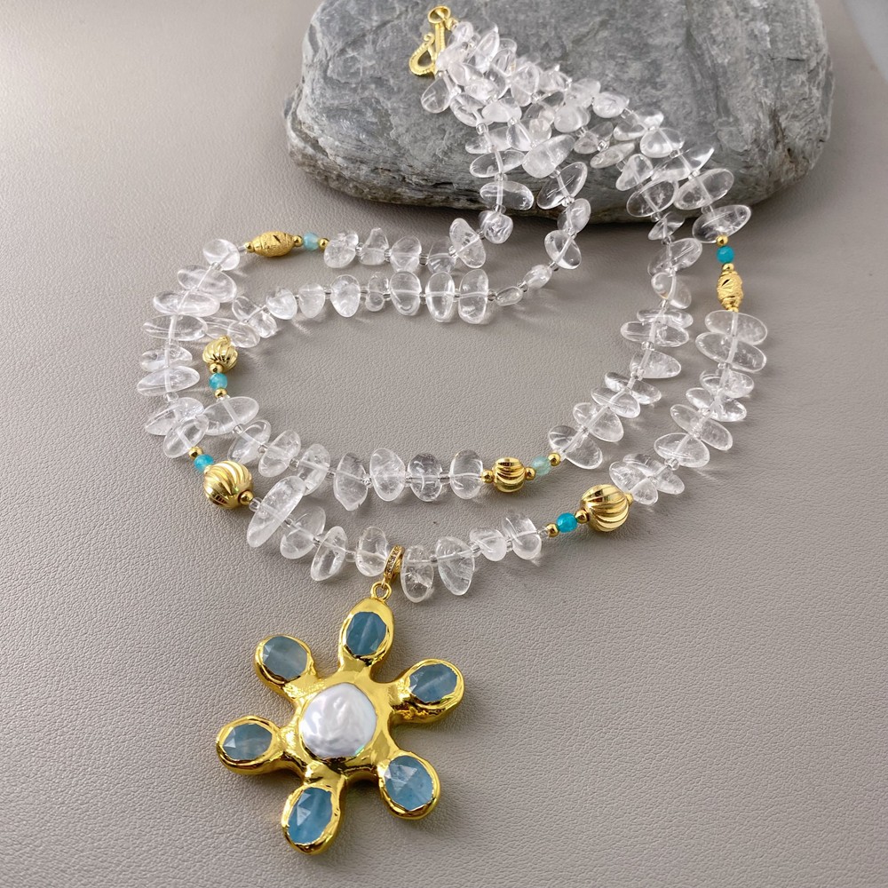 2 Rows Clear Quartz Necklace Coin Pearl Jade Flower Pendant Natural Stone