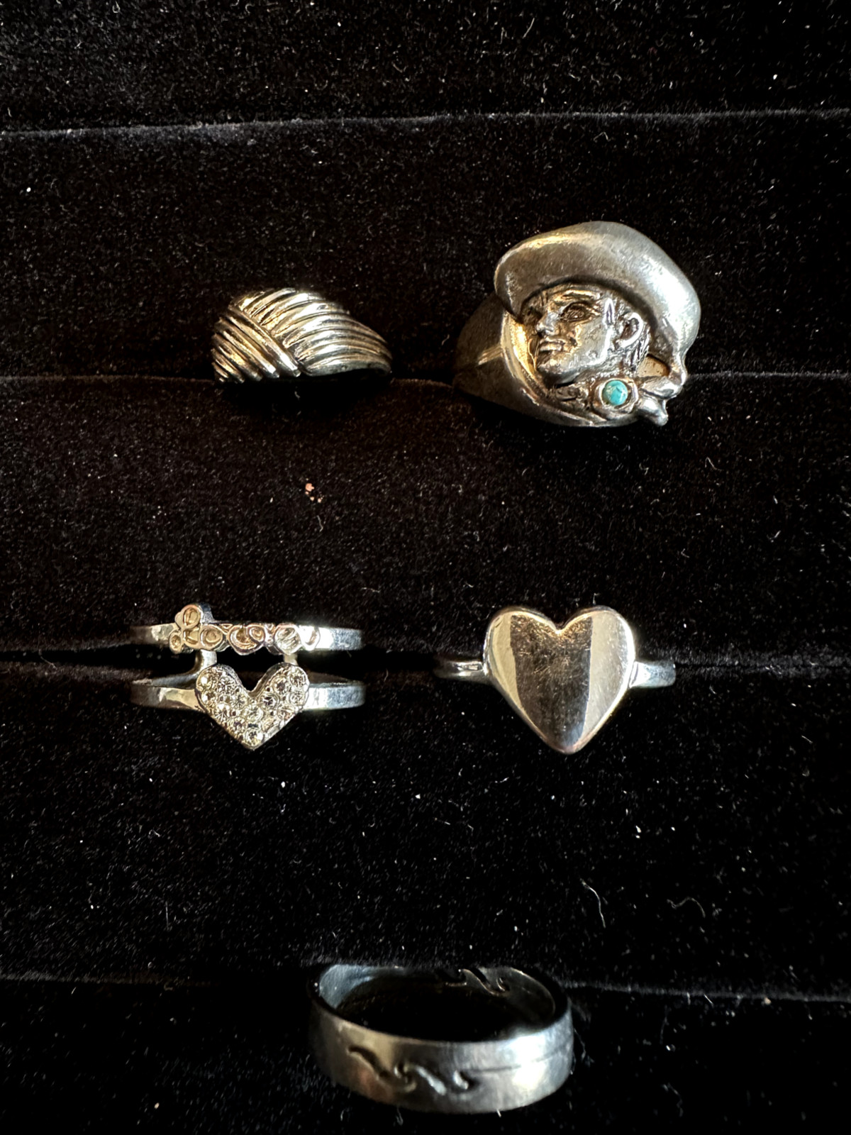 5 Silver Tone Rings,Hearts,Cowboy,Small Shrimp Ring