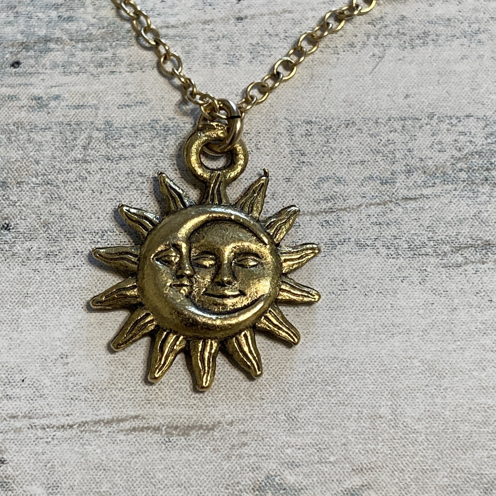 Sun Moon Necklace 1/20 14k GF spring Ring Clasp Chain Pendant 16″ estate find