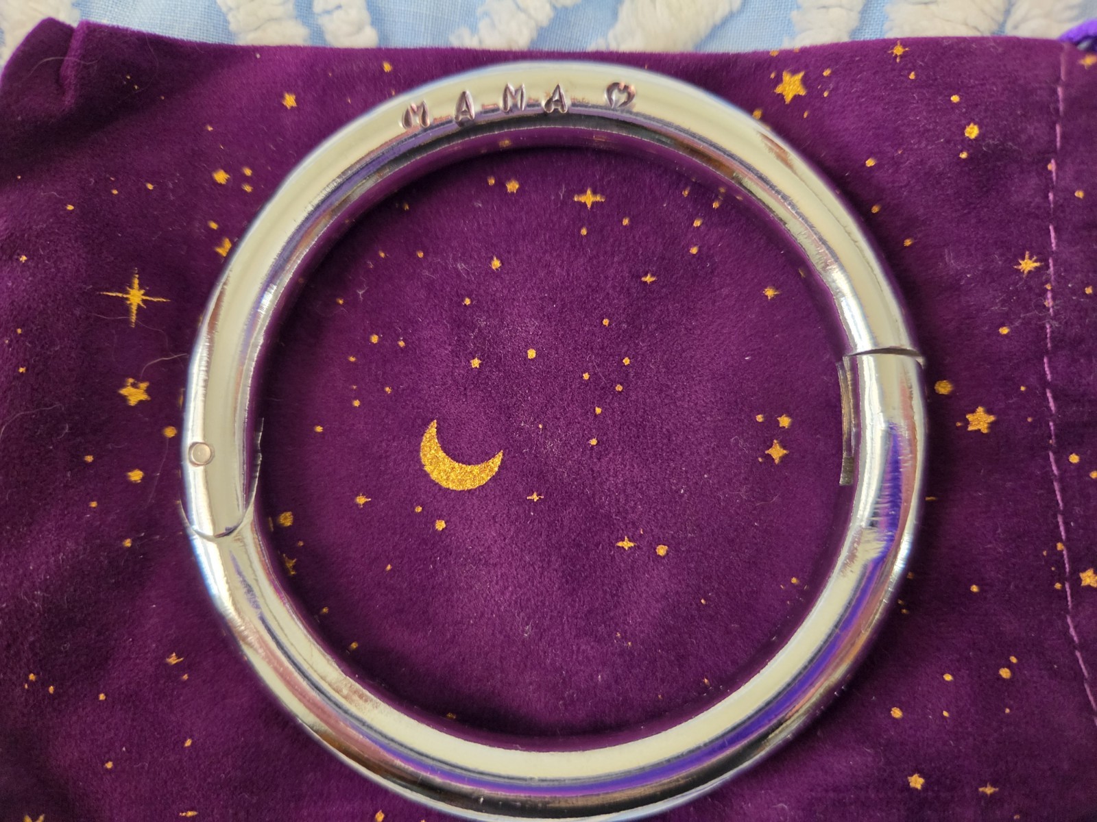 Mama Stainless Steel Bangle. 3 In Diameter. Hand Stamped.