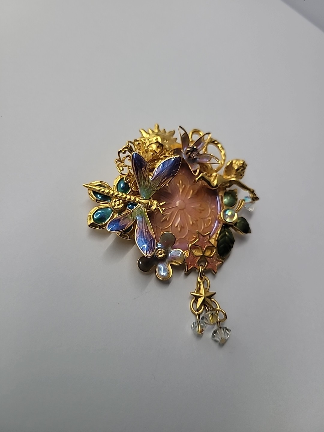 Vintage Kirks Folly Fairy Dragonfly Garden Brooch Iridescent Medallion Retired